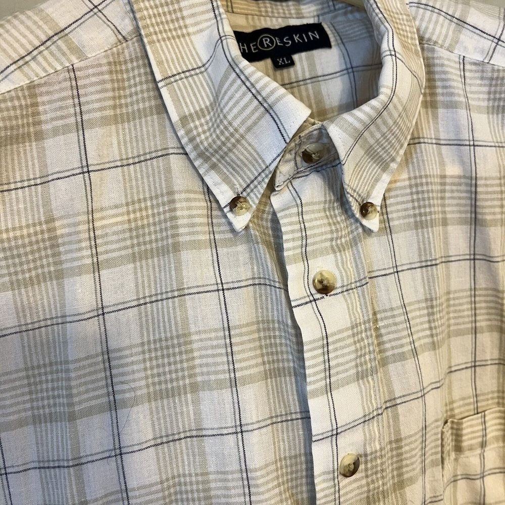 Chereskin‎ Mens XL Linen Cotton Blend Plaid Short Sleeve Button Down Shirt Beige